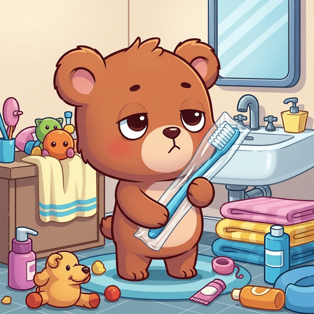 A sad bear with a toothbrush